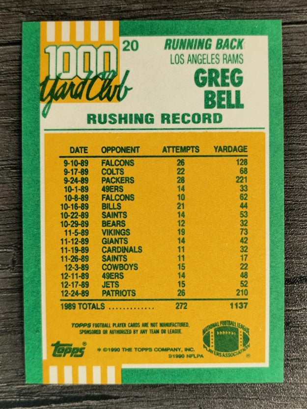 1990 Topps 1000 Yard Club Disclaimer Back #20 Greg Bell