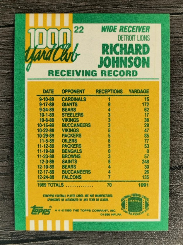 1990 Topps 1000 Yard Club Disclaimer Back #22 Richard Johnson