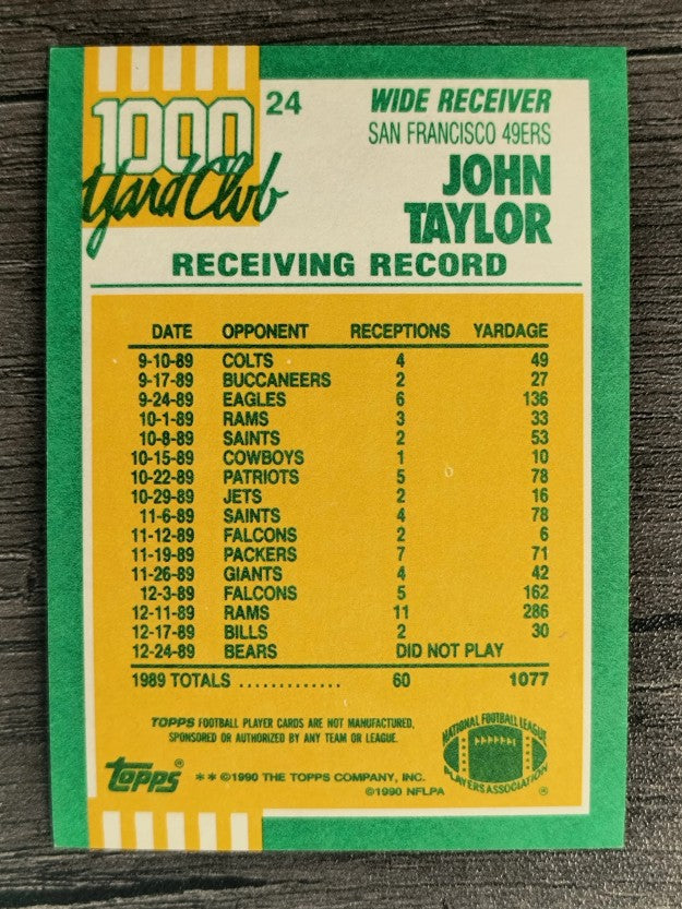 1990 Topps 1000 Yard Club Disclaimer Back #24 John Taylor