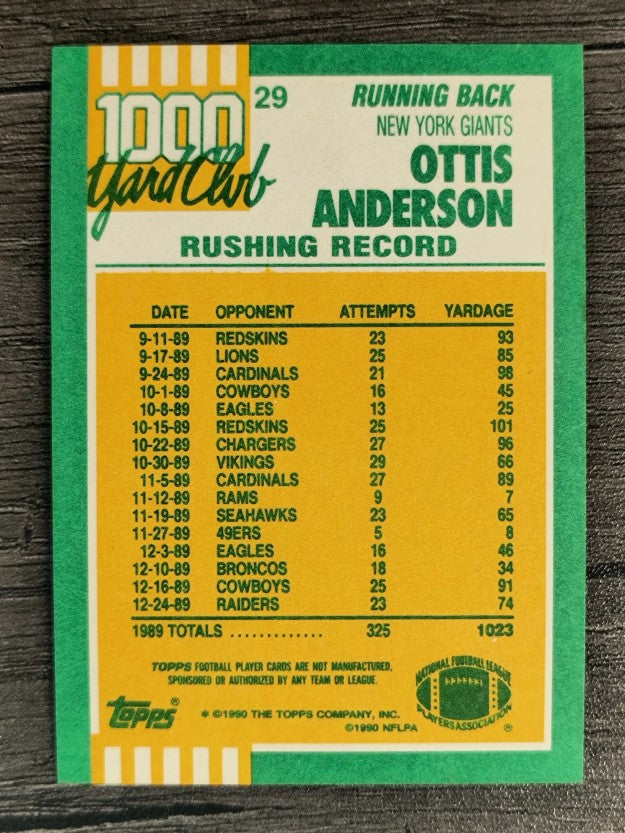 1990 Topps 1000 Yard Club Disclaimer Back #29 Ottis Anderson