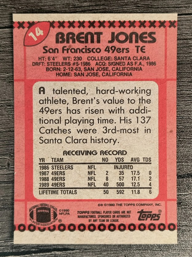 1990 Topps Disclaimer Back #14 Brent Jones RC