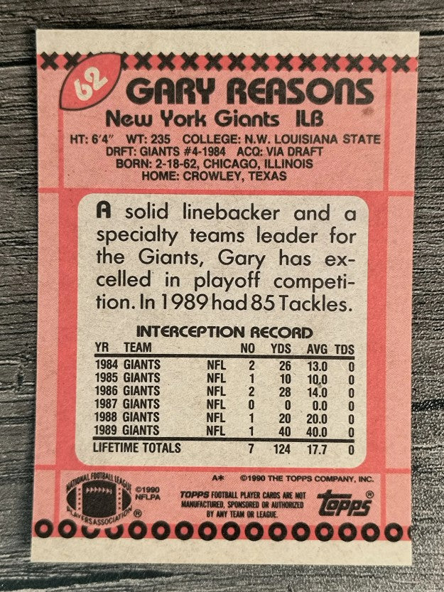 1990 Topps Disclaimer Back #62 Gary Reasons