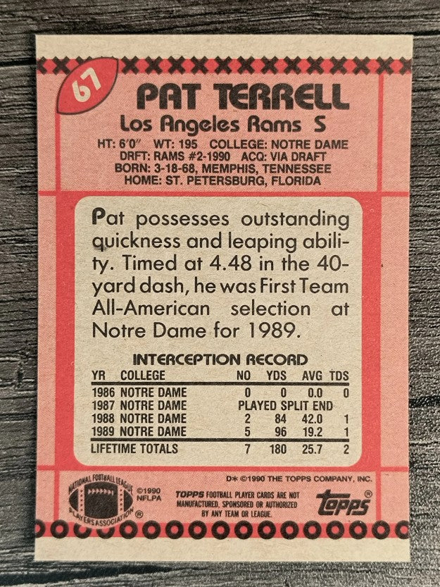 1990 Topps Disclaimer Back #67 Pat Terrell RC