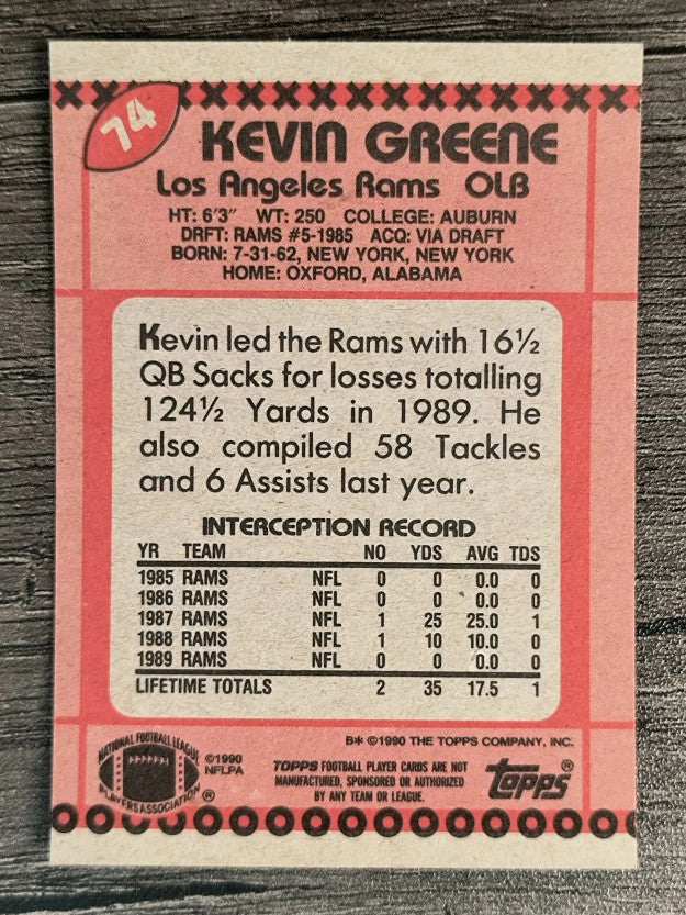 1990 Topps Disclaimer Back #74 Kevin Greene