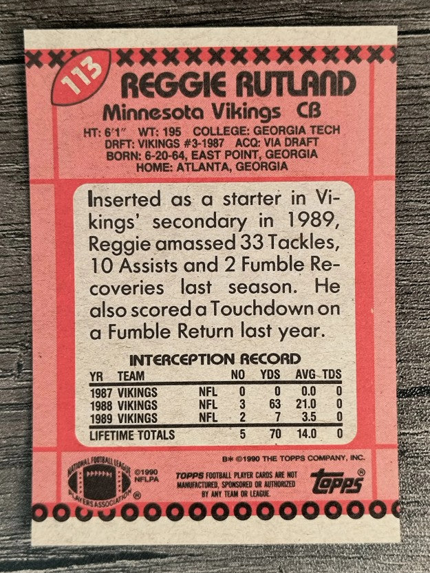 1990 Topps Disclaimer Back #113 Reggie Rutland RC