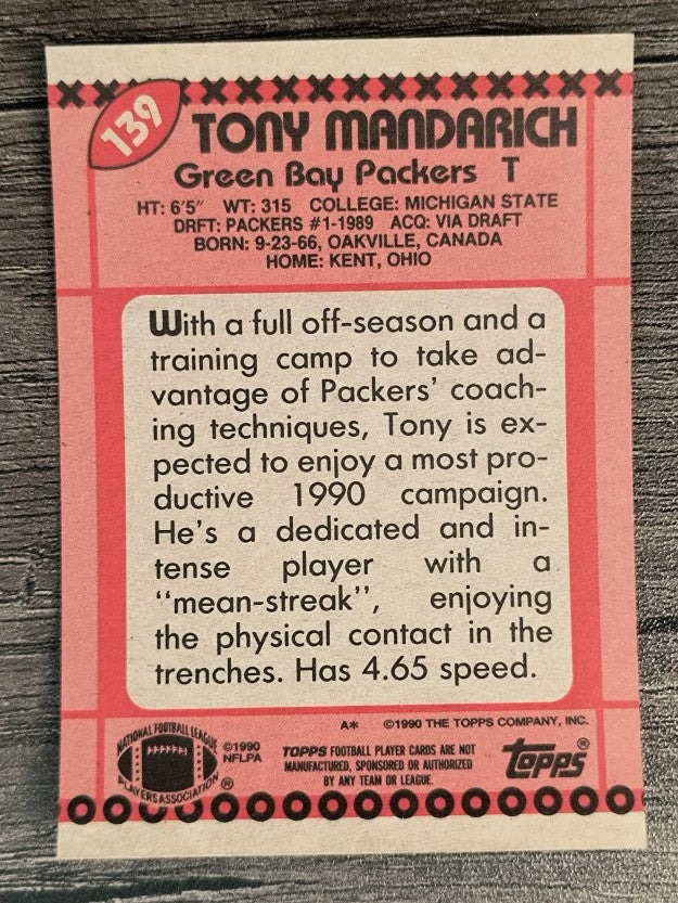 1990 Topps Disclaimer Back #139 Tony Mandarich