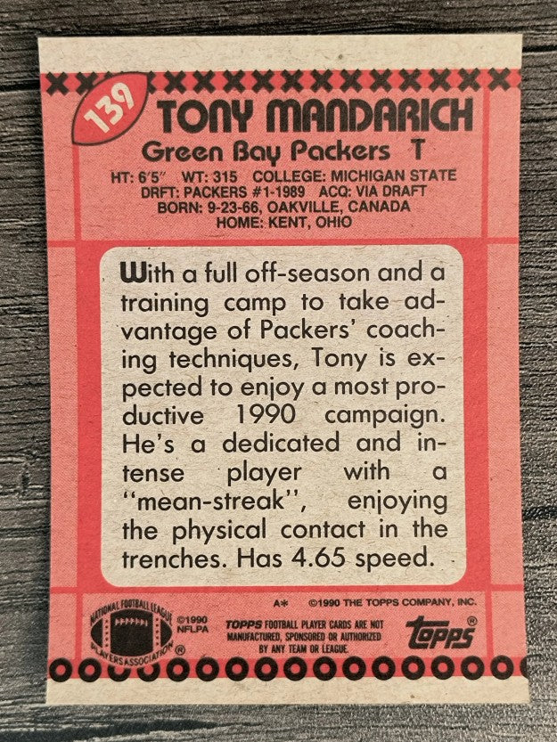 1990 Topps Disclaimer Back #139 Tony Mandarich