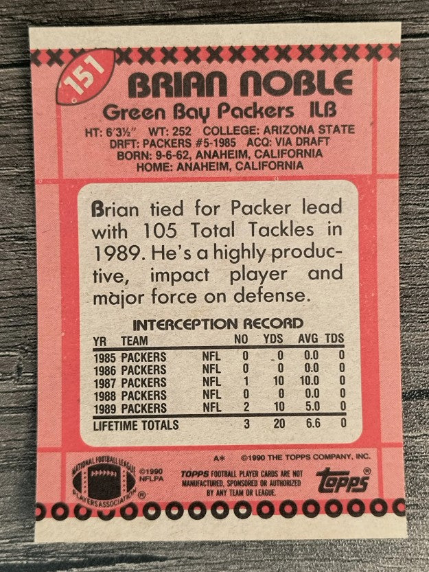 1990 Topps Disclaimer Back #151 Brian Noble