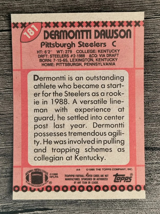 1990 Topps Disclaimer Back #181 Dermontti Dawson