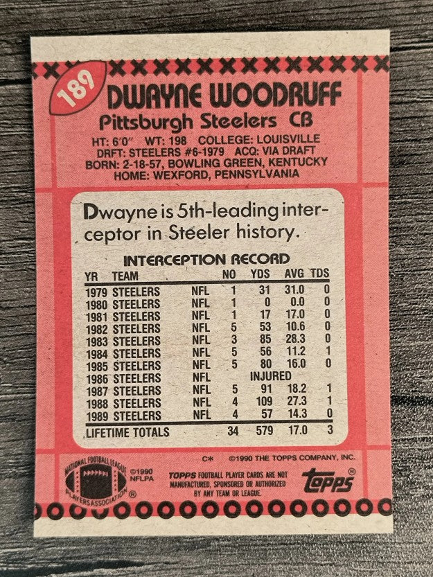 1990 Topps Disclaimer Back #189 Dwayne Woodruff