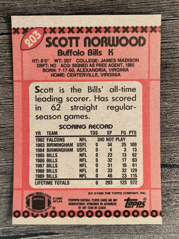 1990 Topps Disclaimer Back #203 Scott Norwood