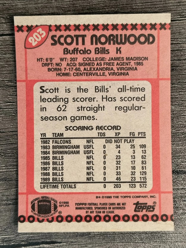 1990 Topps Disclaimer Back #203 Scott Norwood