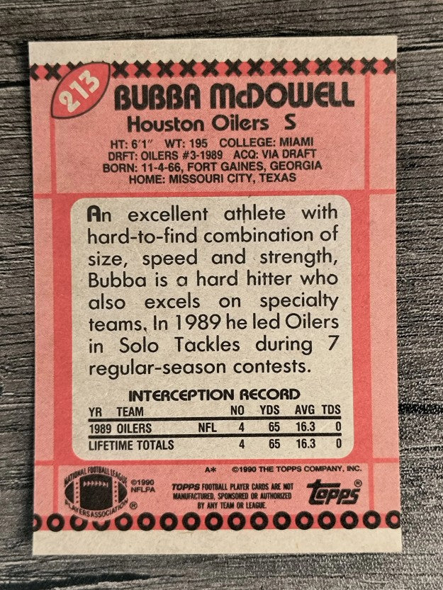 1990 Topps Disclaimer Back #213 Bubba McDowell
