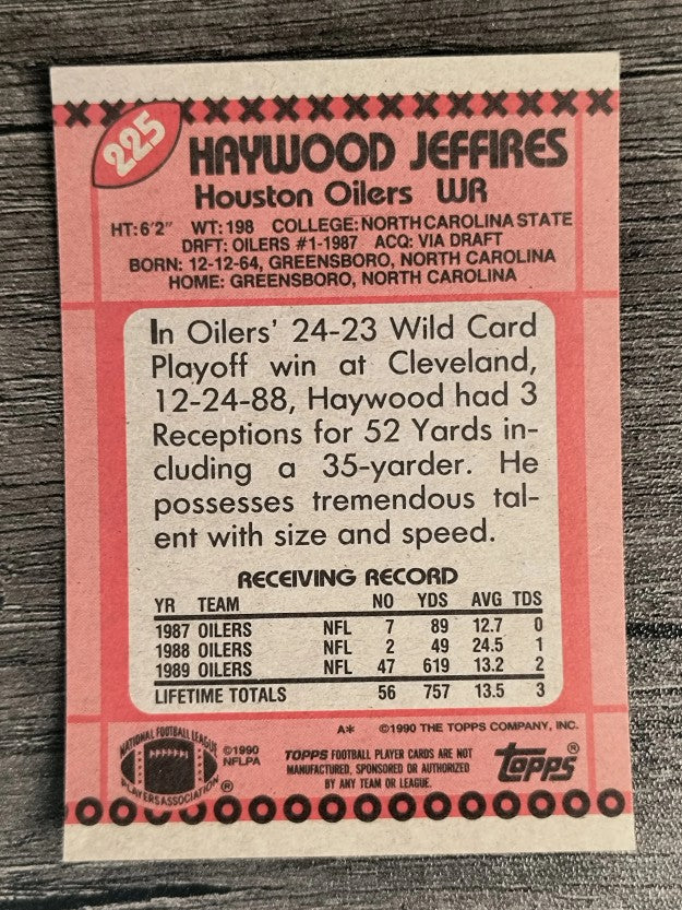 1990 Topps Disclaimer Back #225 Haywood Jeffires RC