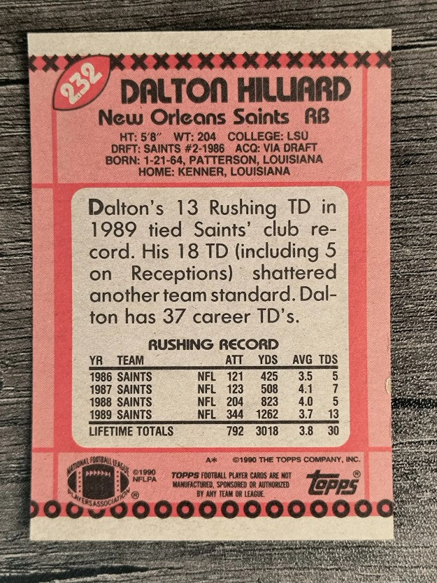 1990 Topps Disclaimer Back #232 Dalton Hilliard
