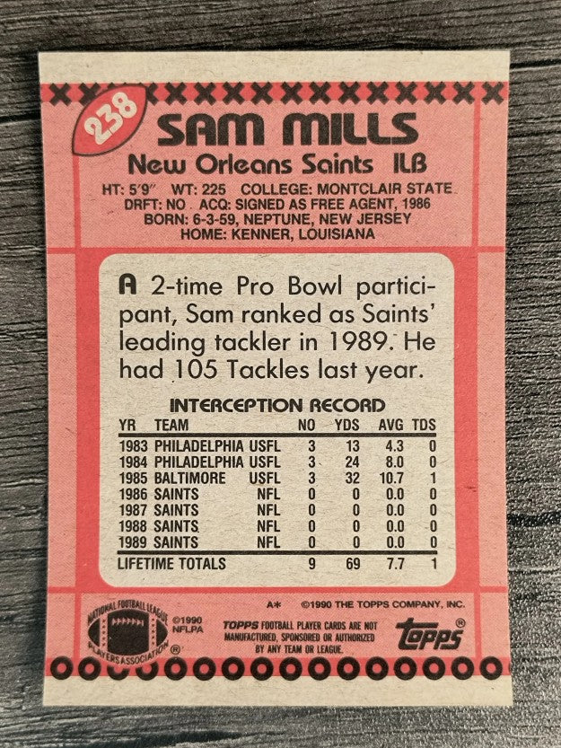 1990 Topps Disclaimer Back #238 Sam Mills