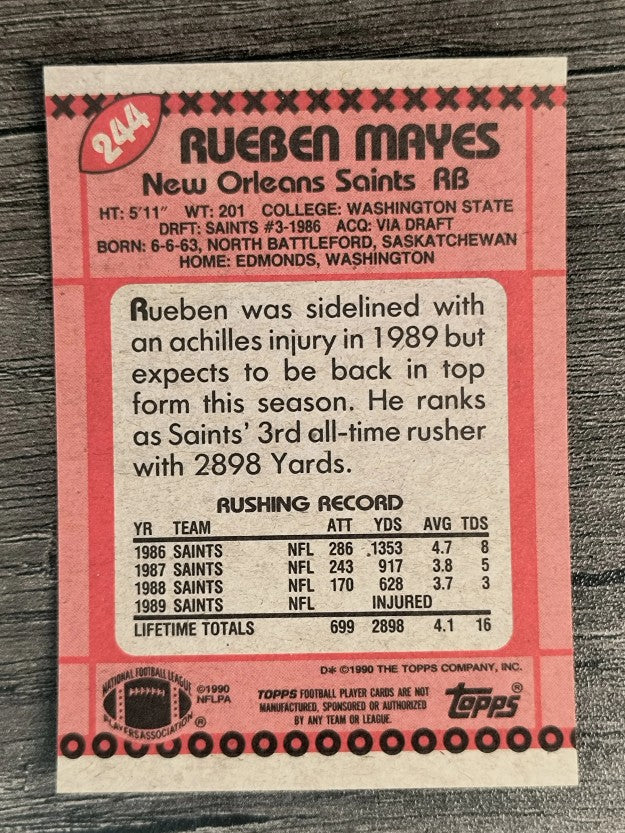 1990 Topps Disclaimer Back #244 Rueben Mayes