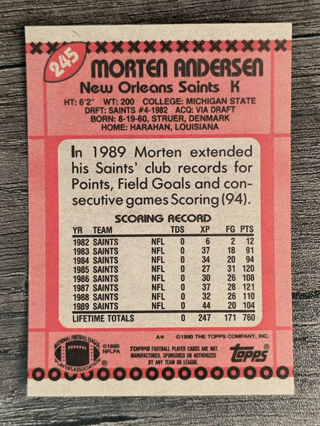 1990 Topps Disclaimer Back #245 Morten Andersen