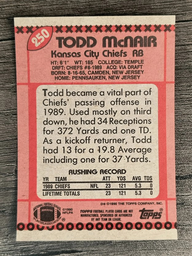 1990 Topps Disclaimer Back #250 Todd McNair RC