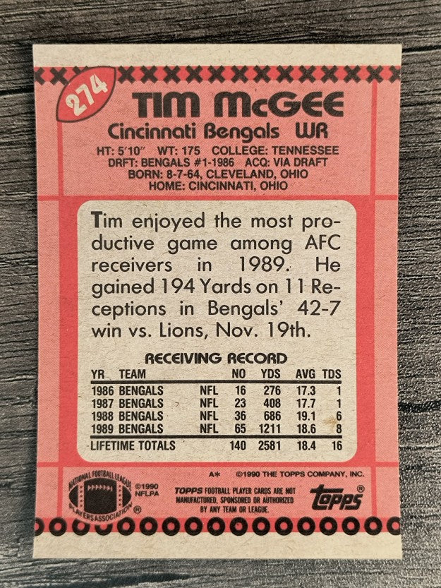 1990 Topps Disclaimer Back #274 Tim McGee