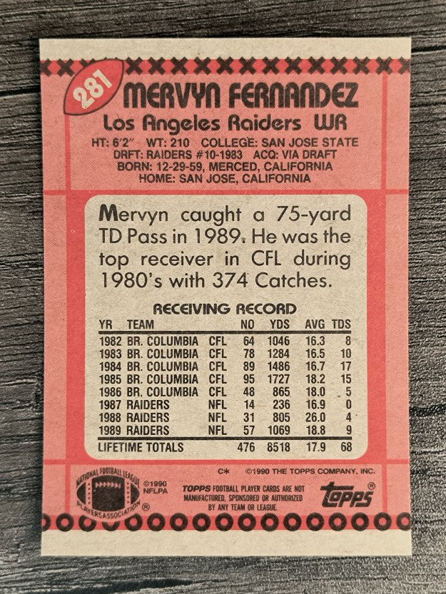 1990 Topps Disclaimer Back #281 Mervyn Fernandez