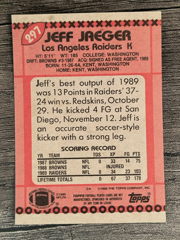 1990 Topps Disclaimer Back #297 Jeff Jaeger RC