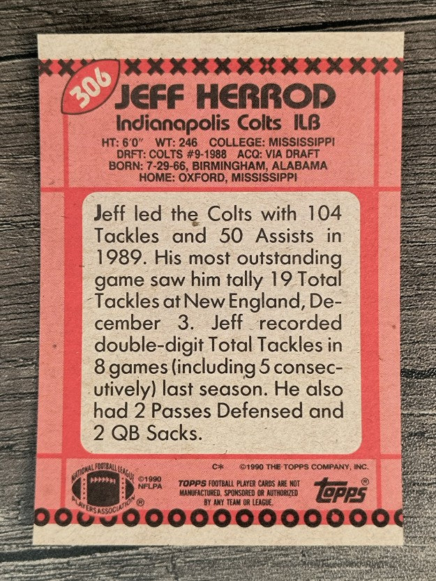 1990 Topps Disclaimer Back #306 Jeff Herrod RC
