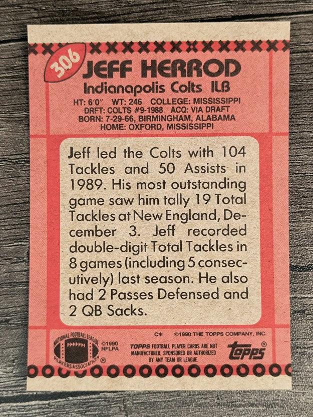 1990 Topps Disclaimer Back #306 Jeff Herrod RC