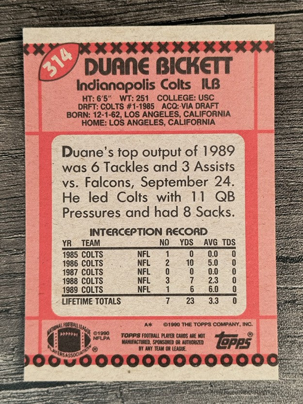 1990 Topps Disclaimer Back #314 Duane Bickett