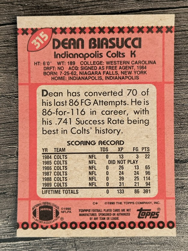 1990 Topps Disclaimer Back #315 Dean Biasucci