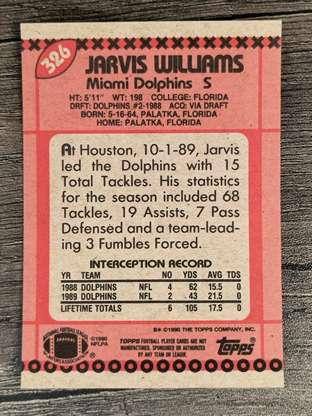 1990 Topps Disclaimer Back #326 Jarvis Williams
