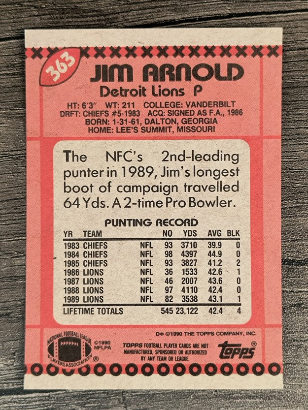 1990 Topps Disclaimer Back #363 Jim Arnold