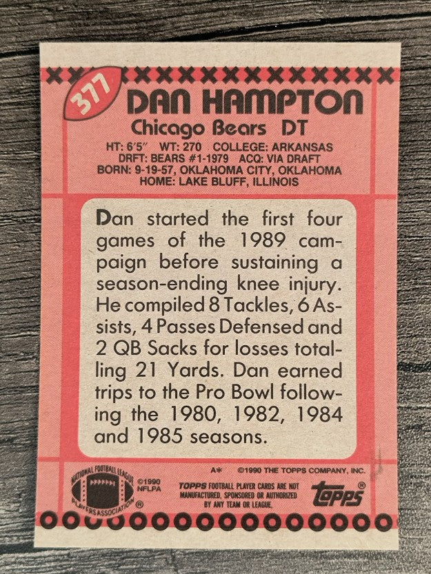 1990 Topps Disclaimer Back #377 Dan Hampton