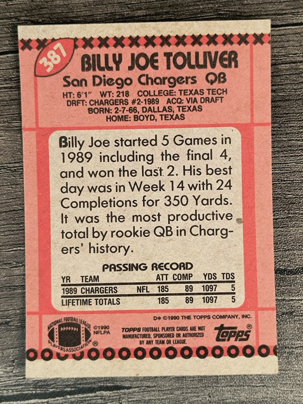 1990 Topps Disclaimer Back #387 Billy Joe Tolliver