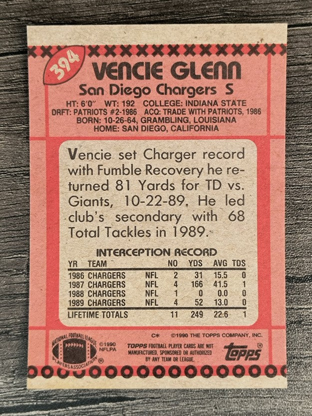 1990 Topps Disclaimer Back #394 Vencie Glenn