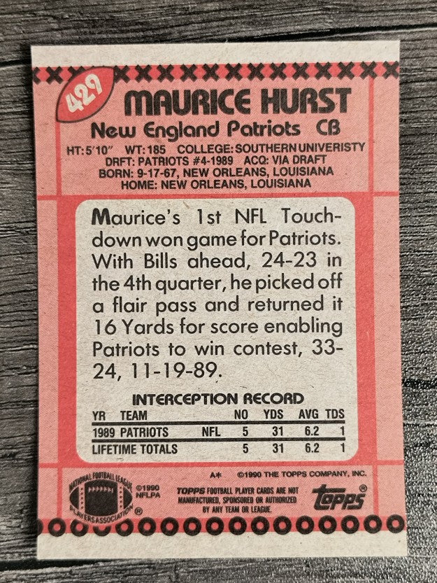 1990 Topps Disclaimer Back #429 Maurice Hurst RC