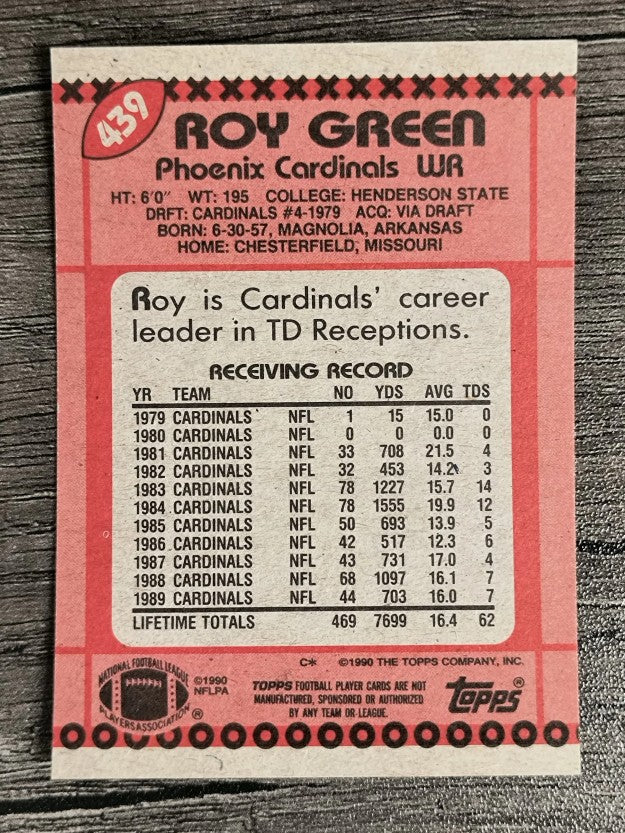 1990 Topps Disclaimer Back #439 Roy Green