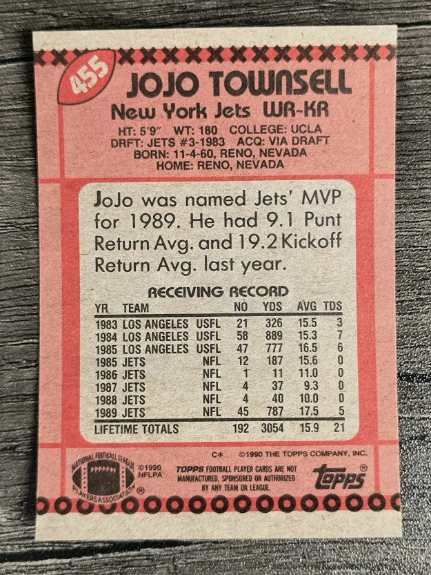 1990 Topps Disclaimer Back #455 Jo Jo Townsell
