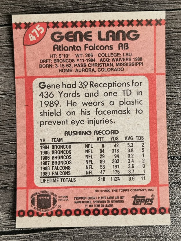 1990 Topps Disclaimer Back #475 Gene Lang