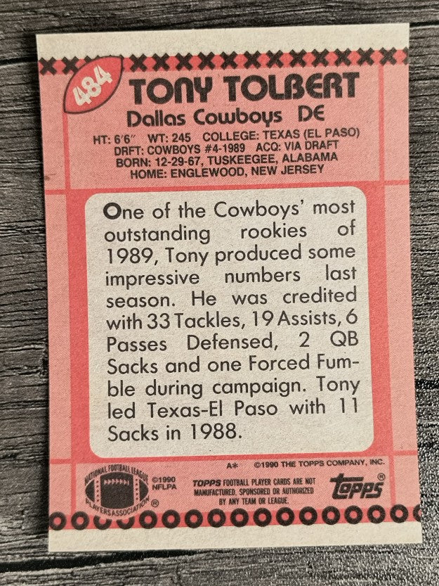1990 Topps Disclaimer Back #484 Tony Tolbert RC