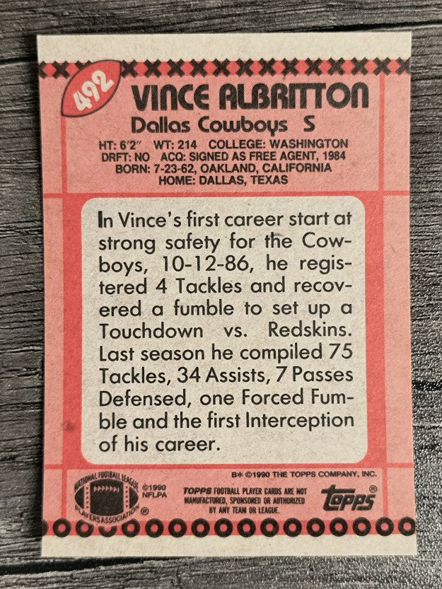 1990 Topps Disclaimer Back #492 Vince Albritton