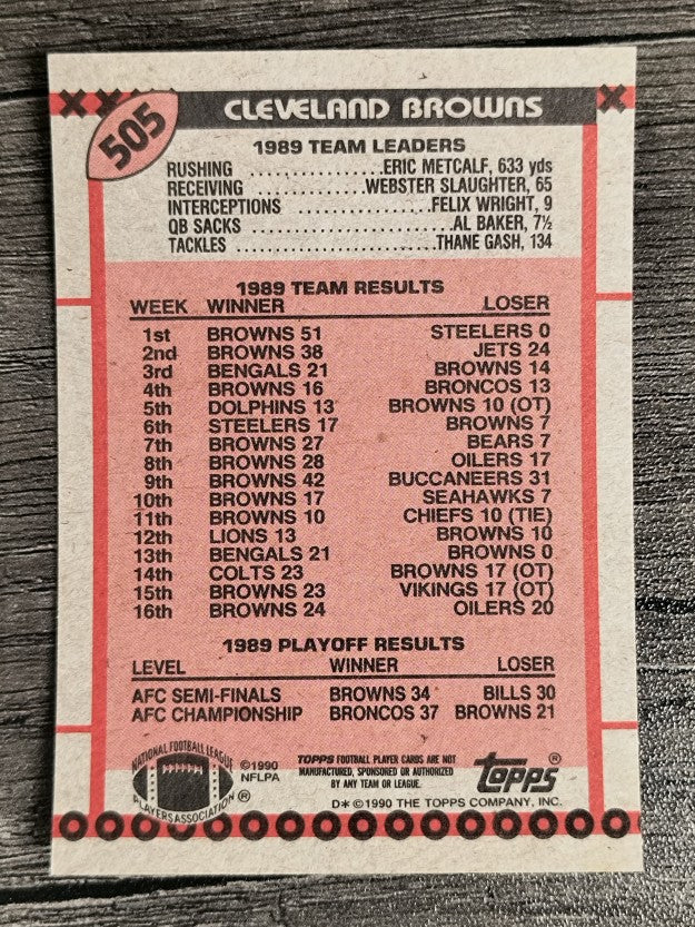 1990 Topps Disclaimer Back #505A Browns Team/Bernie Kosar