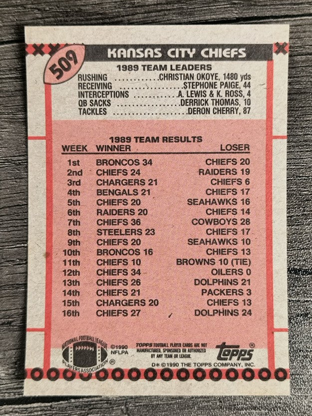 1990 Topps Disclaimer Back #509A Chiefs Team/Deron Cherry