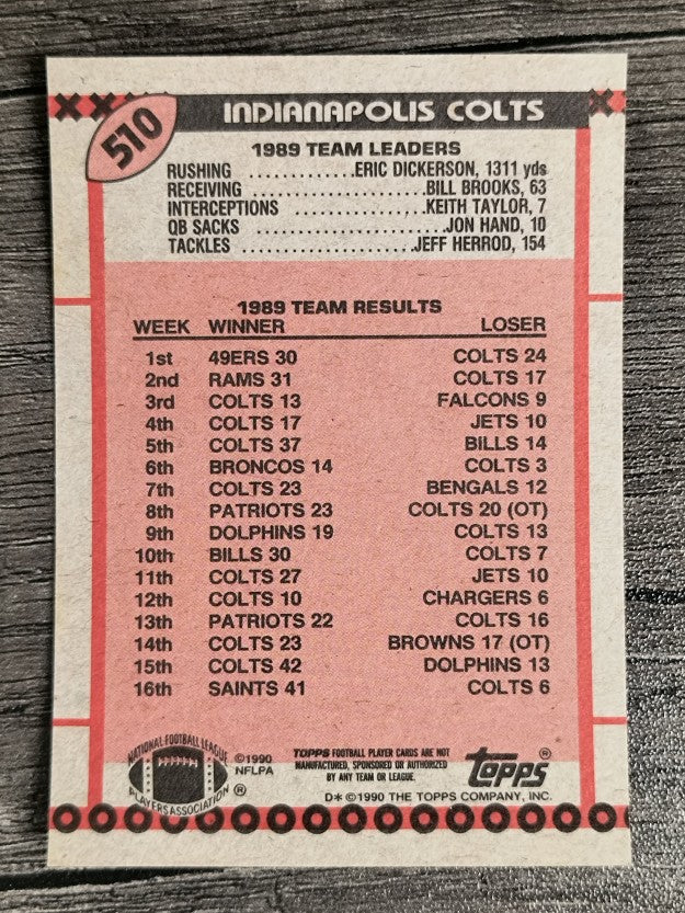 1990 Topps Disclaimer Back #510A Colts Team/Jack Trudeau