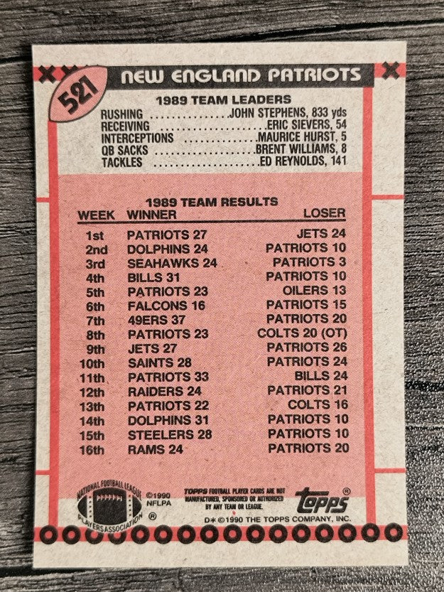 1990 Topps Disclaimer Back #521A Patriots Team/John Stephens