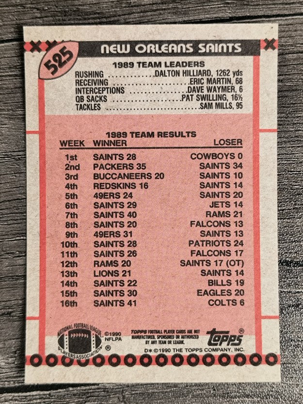 1990 Topps Disclaimer Back #525A Saints Team/Sam Mills