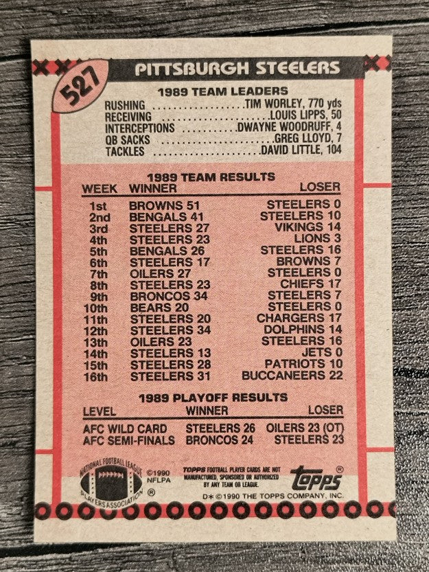 1990 Topps Disclaimer Back #527B Steelers Team/Bubby Brister/no hash marks