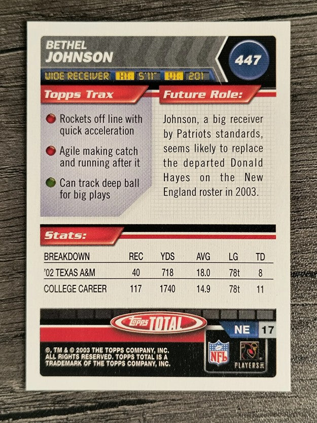 2003 Topps Total #447 Bethel Johnson RC