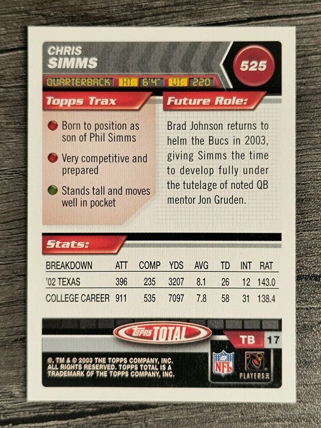 2003 Topps Total #525 Chris Simms RC