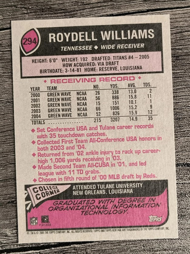 2005 Topps Heritage #294 Roydell Williams RC